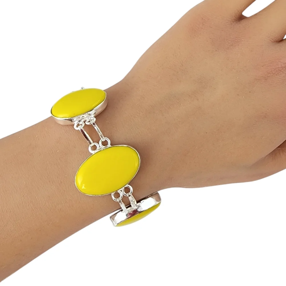 Yellow coral gemstone bracelet chunky statement silver bracelet J15
